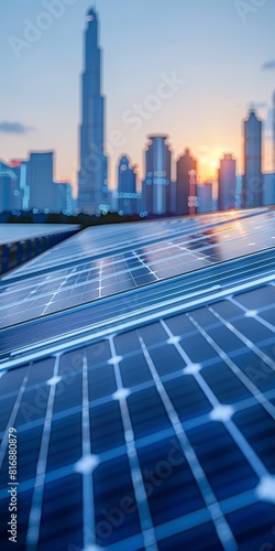 Sustainable and Renewable Energy Capture the essence of renewable energy in a sustainable urban environment  focusing close up on solar panels with a blurred cityscape in the background  emphasizing t