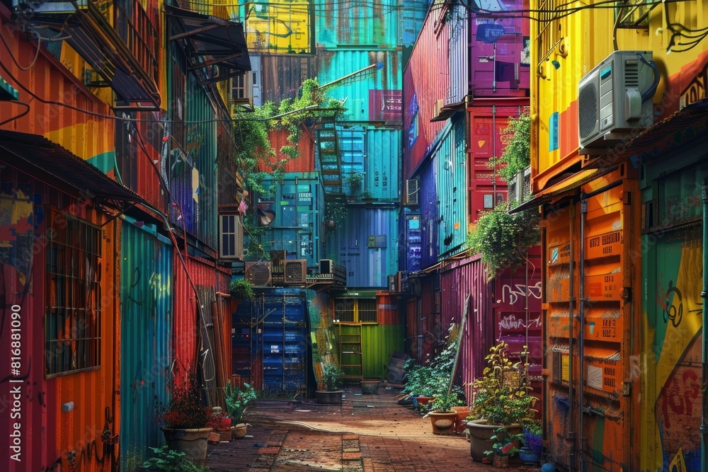 Fototapeta premium Vibrant graffiti on stacked shipping containers in a narrow alley, illustrating urban art and architecture