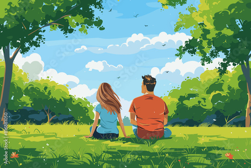 Couple sitting and relaxing in a park with lush green trees.