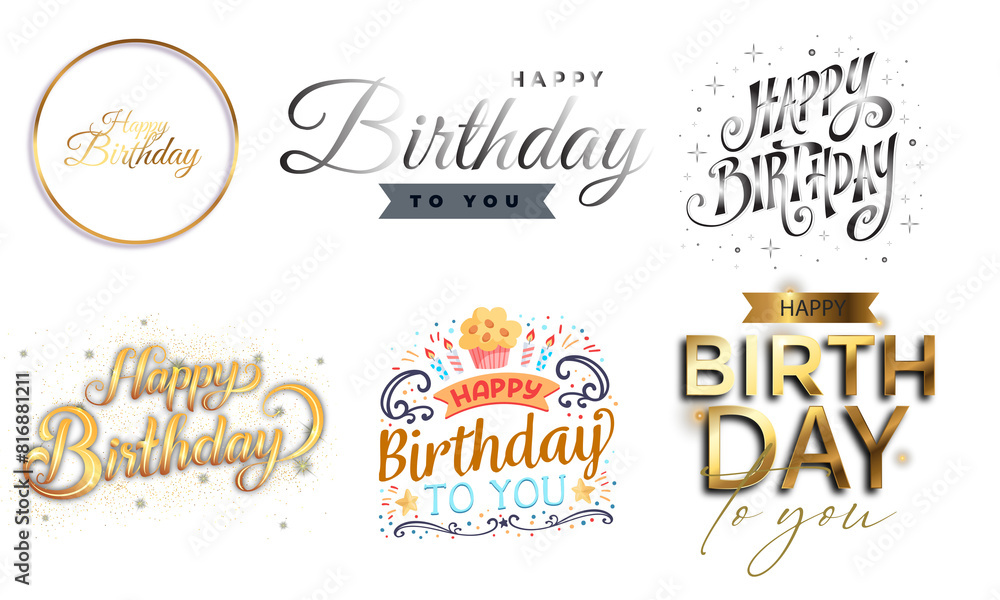 happy birthday horizontal realistic golden and silver text  on transparent background with text and glitter.