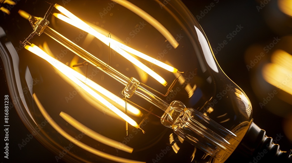Close-up illuminated filament light bulb on dark background