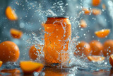 Vivid orange soda can with a dynamic explosion of citrus juice and slices, conveying a sense of refreshing energy.