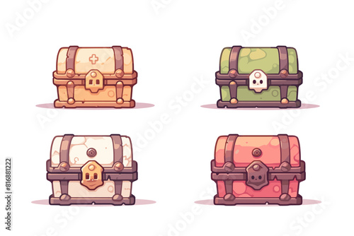 Set of four cartoon treasure chests in different colors. Flat vector illustration.