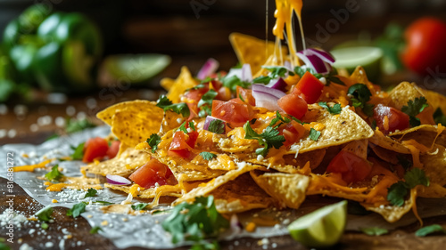 Cheesy nachos topped with fresh tomatoes  red onions  cilantro  and a squeeze of lime  perfect for a tasty snack. 