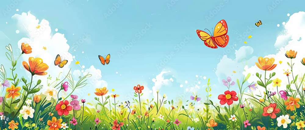 Craft a greeting card featuring a flat design of a sunny day, complete with vibrant flowers and butterflies, ideal for spring and summer greetings Craft a greeting card featuring a flat design of a sunny day, complete with vibrant flowers and butterflies, ideal for spring and summer greetings