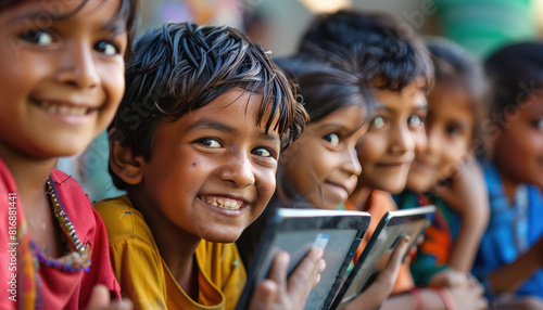indian school children learning on digital tablets photo