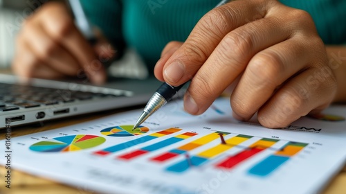 A close-up view of a professional's hands analyzing statistical data and charts on a colorful printout with a pen, adjacent to a laptop photo