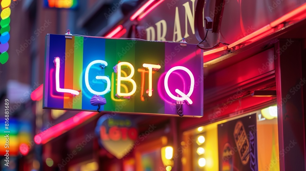 Vibrant LGBTQ neon sign illuminated in a city at night, symbolizing diversity and pride in a lively urban setting