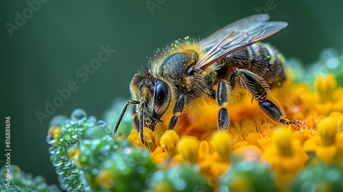 A close-up view of a bee pollinating a vibrant yellow-orange flower, highlighted by morning dew and exquisite detail