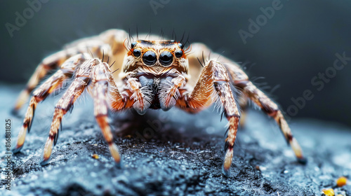 Close-up shot of a jumping spider on a dark textured surface  displaying vivid details and colors.