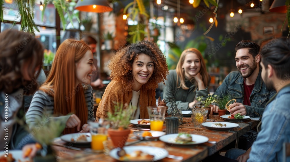 Group of diverse friends enjoying a meal together at a trendy restaurant, sharing laughter and conversations Group of diverse friends enjoying a meal together at a trendy restaurant, sharing laughter and conversations