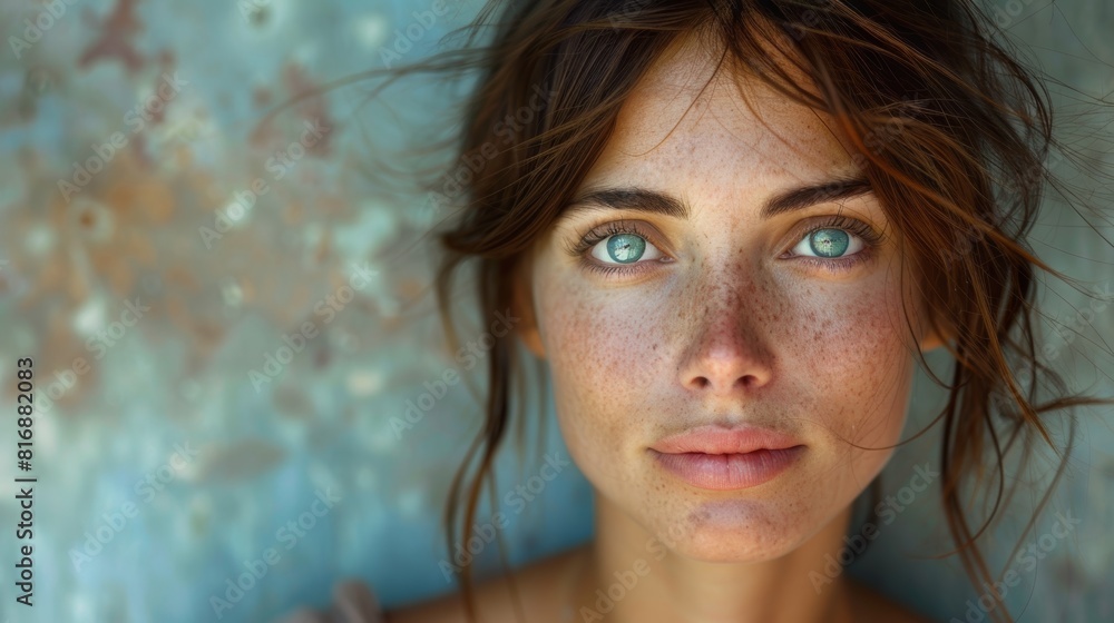 Portrait of a young woman with striking green eyes and freckles against a rustic blue background, emphasizing natural beauty and intimate expression Portrait of a young woman with striking green eyes and freckles against a rustic blue background, emphasizing natural beauty and intimate expression