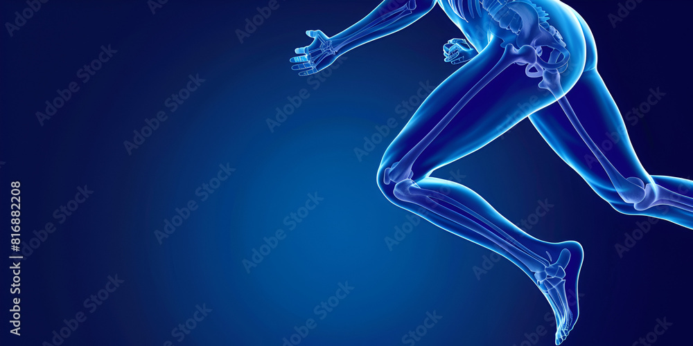 Knee joint pain Anatomy For Medical Concept 3D Illustration,A blue background with a silhouette of a running man.

