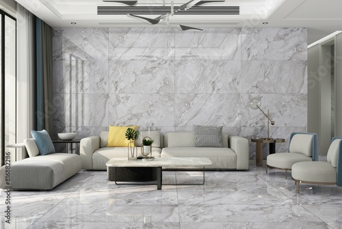 Modern living room with mezzanine image, grey marble floor decorate wall with groove, furnished with grey fabric furniture, There are large windows look out to see the nature. Mock up. 3D Rendering photo