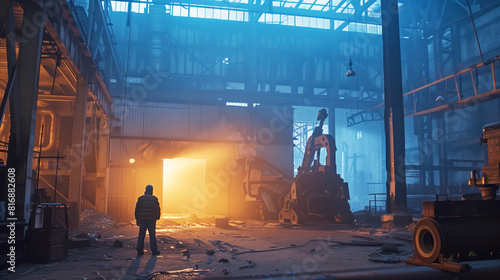 Dramatic industrial warehouse scene with a lone figure observing, highlighted by atmospheric lighting.