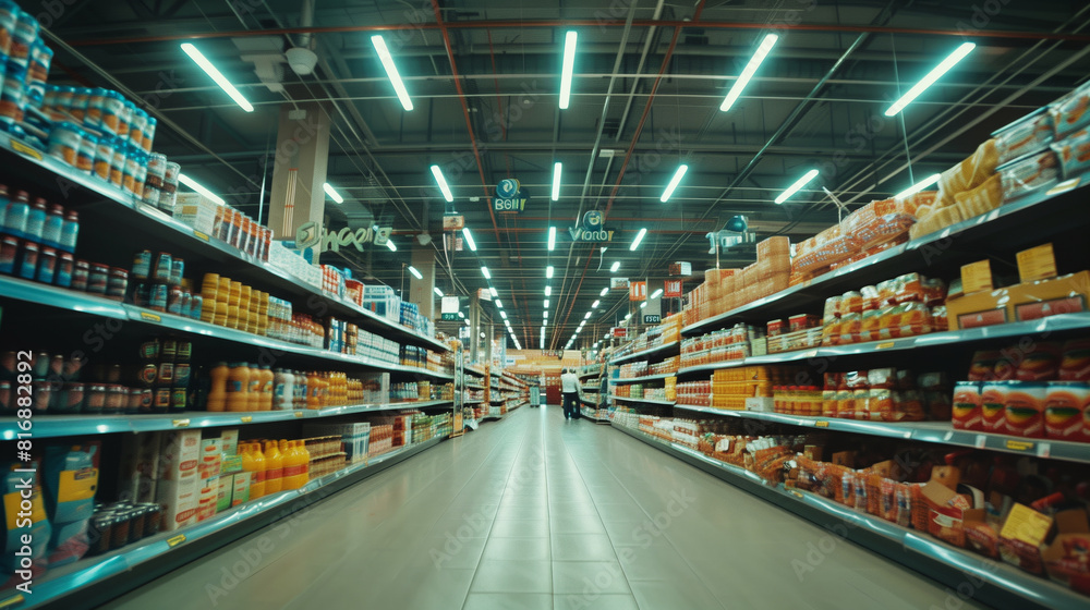 Wide-angle view of a well-stocked modern supermarket aisle with brightly lit shelves full of products.