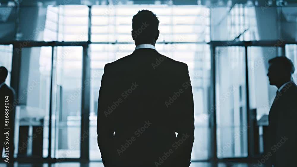 Silhouette of multiple business people standing in front of a glass door. Silhouette of multiple business people standing in front of a glass door.