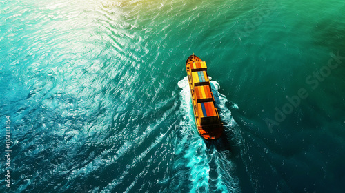 Aerial view of a cargo ship navigating through open turquoise waters, leaving a wake behind. The vessel carries colorful shipping containers on its deck.