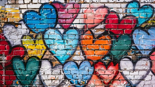 Brick wall with painted hearts in graffiti  wall art