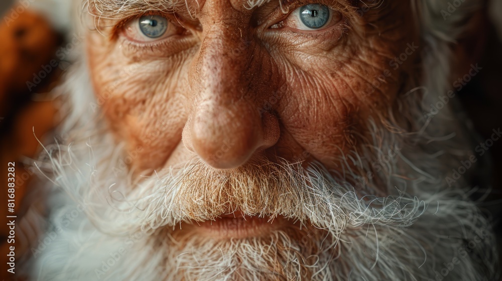Close-up portrait of an elderly man with striking blue eyes and a thick white beard, showcasing detailed facial features and expressions Close-up portrait of an elderly man with striking blue eyes and a thick white beard, showcasing detailed facial features and expressions