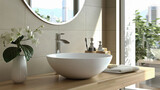 Elegant bathroom with a modern white vessel sink on a wooden countertop, complemented by a sleek faucet, white orchid plant, and toiletries against a backdrop of large windows.