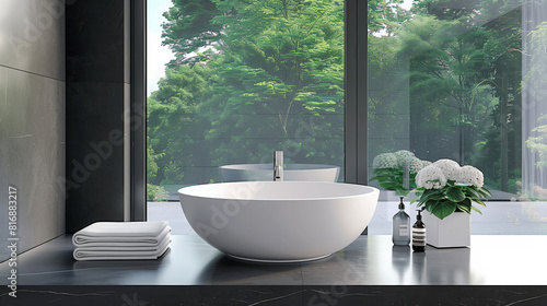 Modern bathroom with a large, round white bathtub, neatly folded towels, and potted white flowers on a sleek black countertop. The room features a large window with a view of lush green trees. © Natalia