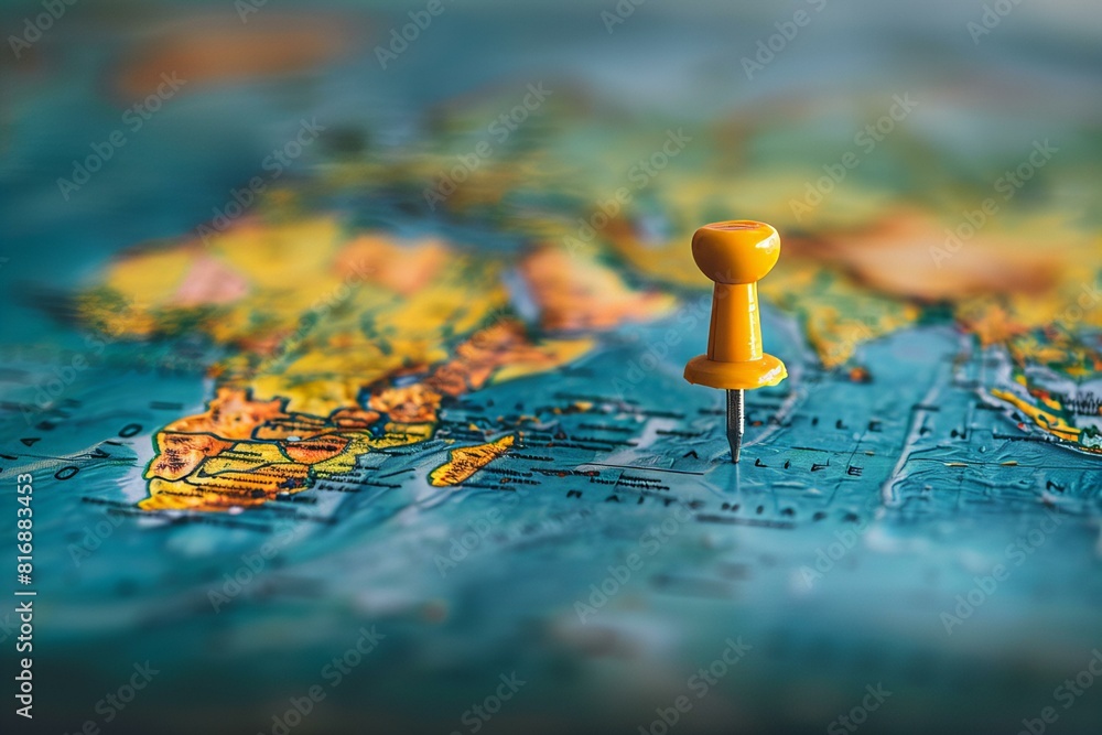 Yellow Pin on World Map Close-Up Yellow Pin on World Map Close-Up