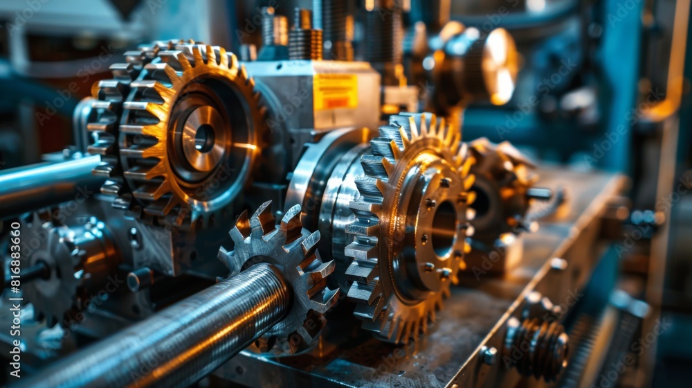 Fototapeta premium Macro shot of interlocking metal gears symbolizing ongoing enhancements in production