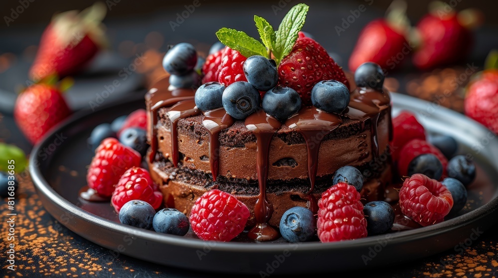 An enticing and scrumptious chocolate cake garnished with blueberries, raspberries, and mint leaves, drizzled with rich chocolate sauce on a dark plate