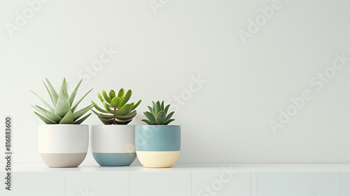 Set of succulent plant pots standing in front of white wall  copy space for text 