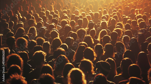 A large crowd of people standing close together, viewed from behind, with warm lighting creating a dramatic ambiance.