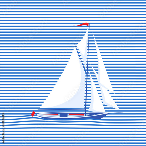 A sailing yacht floats on the waves. Vector illustration. Sketch for creativity.