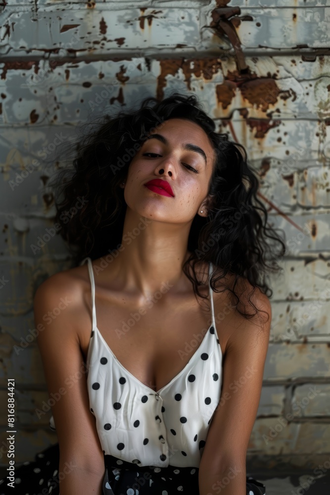 Fototapeta premium Portrait of a young woman in polka dot dress resting against a wall with peeling paint, embodying a serene and contemplative mood