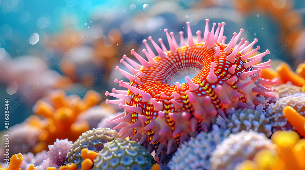 3D Cartoon Close Up: Sea Urchin on Coral Reef with Spiny Exterior and Vibrant Colors Perfect for Marine Life and Underwater Themes 3D Cartoon Close Up: Sea Urchin on Coral Reef with Spiny Exterior and Vibrant Colors Perfect for Marine Life and Underwater Themes
