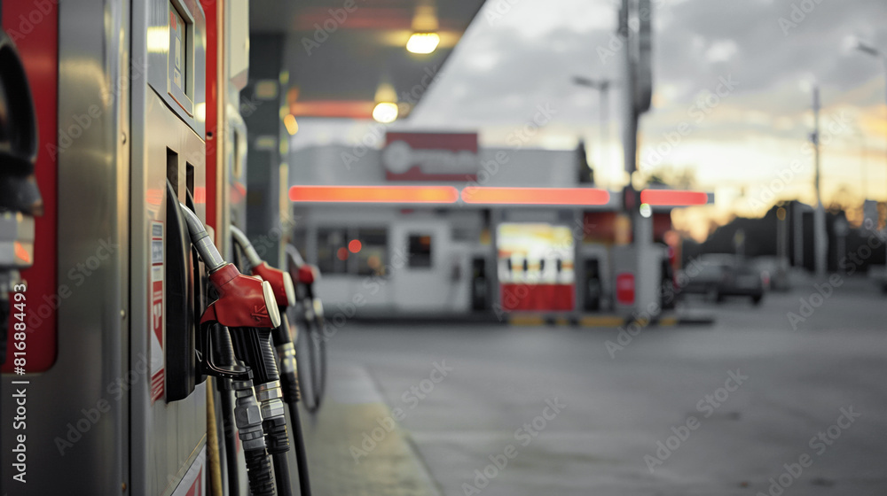 Fototapeta premium A close-up view of fuel pumps at a gas station during sunset, with the focus on the nozzles and softly blurred background showing the station and parked cars.