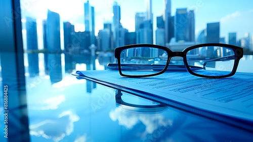 A close-up view of glasses resting on a document with reflective city skyline in the background suggesting urban corporate environment