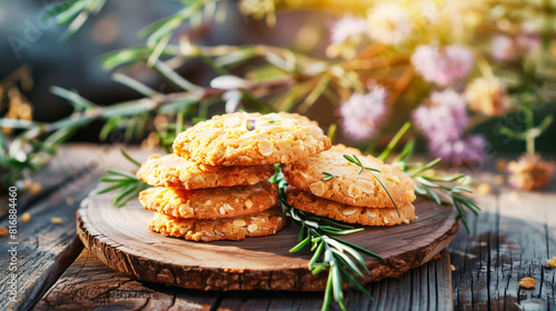 Stack of homemade almond cookies on a rustic wooden board, garnished with fresh rosemary. photo