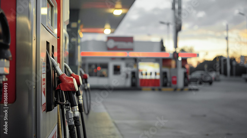 A close-up view of fuel pumps at a gas station during sunset, with the focus on the nozzles and softly blurred background showing the station and parked cars. photo