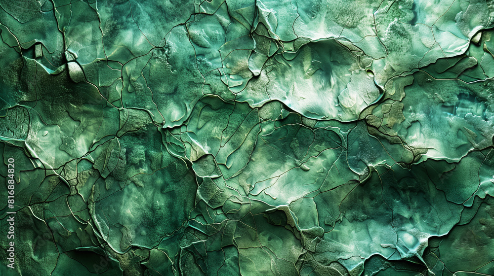 Close-up texture of cracked green-hued surface resembling an abstract landscape. Close-up texture of cracked green-hued surface resembling an abstract landscape.