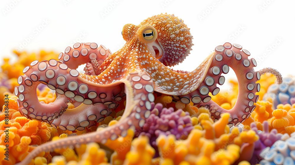 3D Flat Cartoon: Octopus Camouflaged on Coral Reef A Fascinating Close Up Demonstrating Nature s Art of Blending In. Perfect for Underwater and Marine Life Themes! 3D Flat Cartoon: Octopus Camouflaged on Coral Reef A Fascinating Close Up Demonstrating Nature s Art of Blending In. Perfect for Underwater and Marine Life Themes!