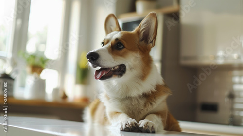 A cheerful Corgi dog with a happy expression and tongue out sits on a kitchen counter with a bright and airy background.