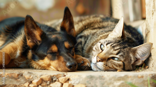 A close-up of a dog and a cat resting together on a rough surface. The dog is asleep with eyes closed  while the cat lies awake next to it. Both animals appear relaxed and peaceful.