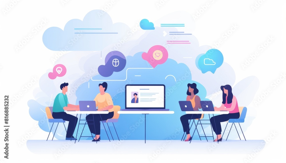 A group of diverse people are sitting around a table having a meeting. They are using laptops and a projector screen. The image is about teamwork and collaboration. A group of diverse people are sitting around a table having a meeting. They are using laptops and a projector screen. The image is about teamwork and collaboration.