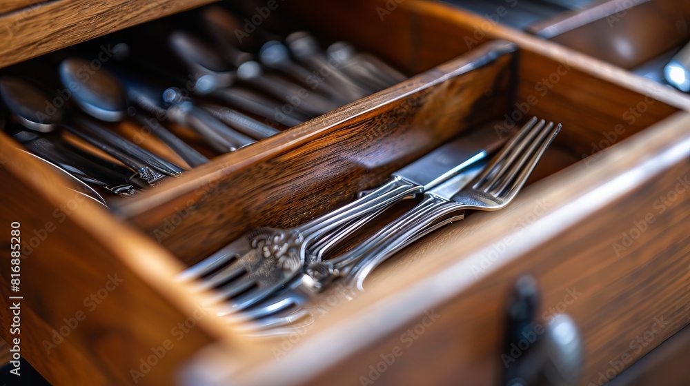 close up of cutlery in a wooden drawer, forks, spoons, knifes close up of cutlery in a wooden drawer, forks, spoons, knifes