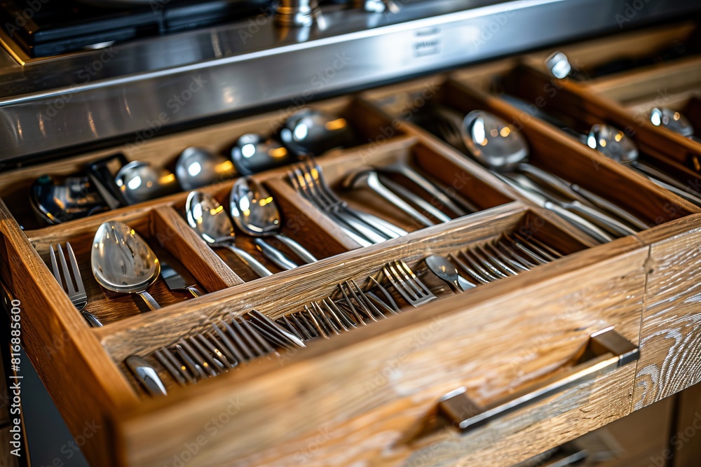 close up of cutlery in a wooden drawer, forks, spoons, knifes close up of cutlery in a wooden drawer, forks, spoons, knifes