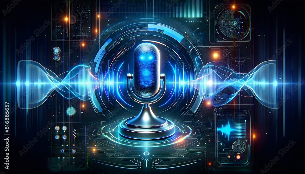Fototapeta premium A futuristic voice AI assistant interface, featuring a sleek microphone with digital sound waves and advanced technology elements.
