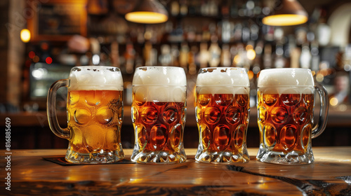 Image of four large beer mugs filled with amber ale  placed on a wooden bar counter in a pub. The background shows a warm and dimly lit bar with bottles and lights.