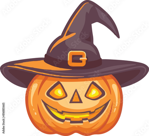 Halloween scary pumpkin in purple witches hat in