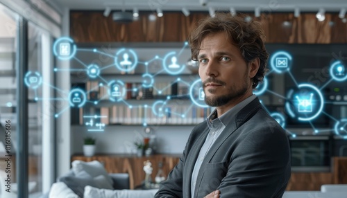 A businessman interacting with Internet of Things (IoT) devices in a modern office.