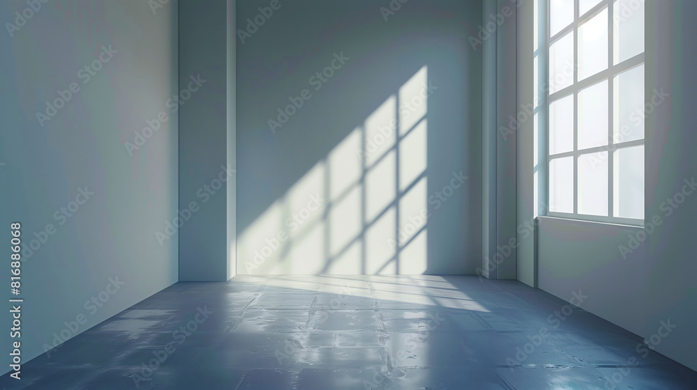 Minimalist empty room with large window and sunlight casting shadows on ...